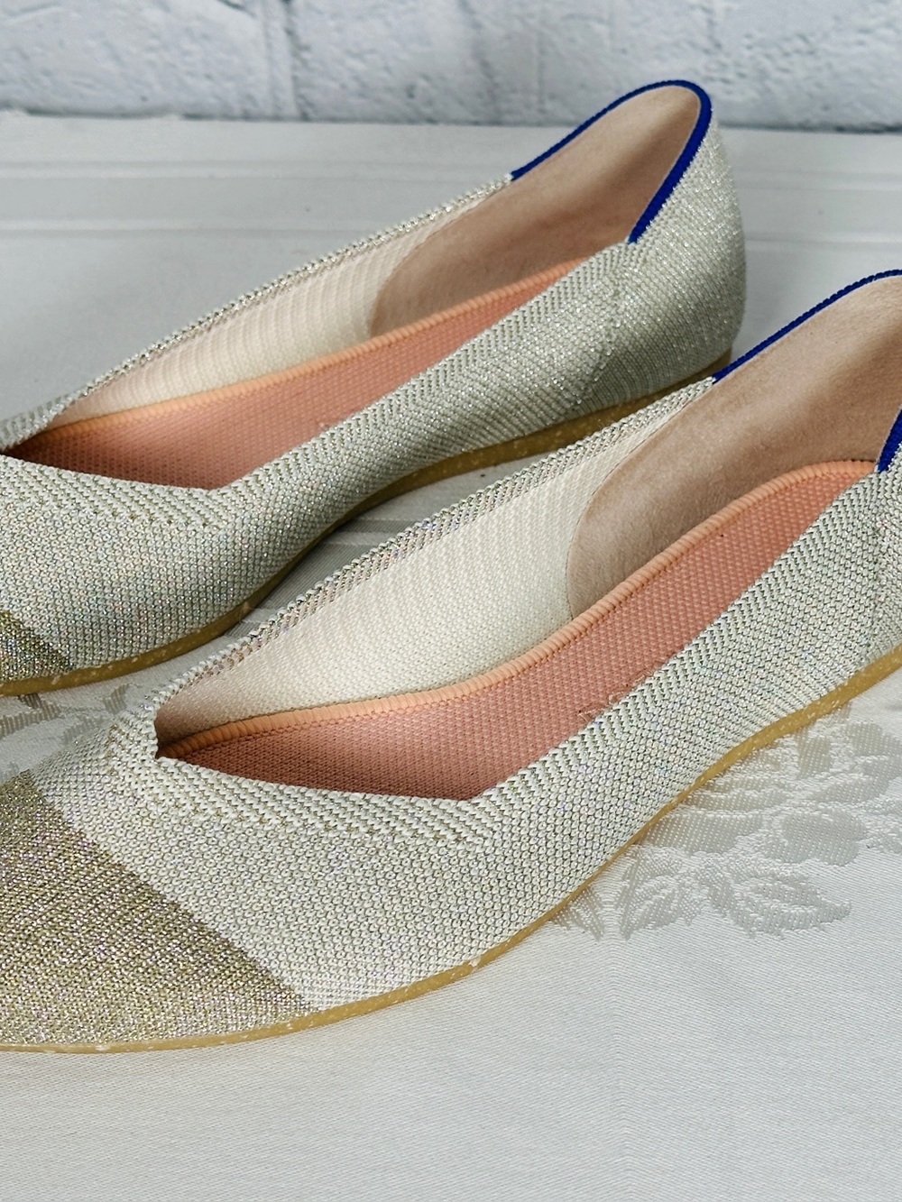 Rothys The Point II Silver Bronze Colorblock Flat w/Blue Heel 11